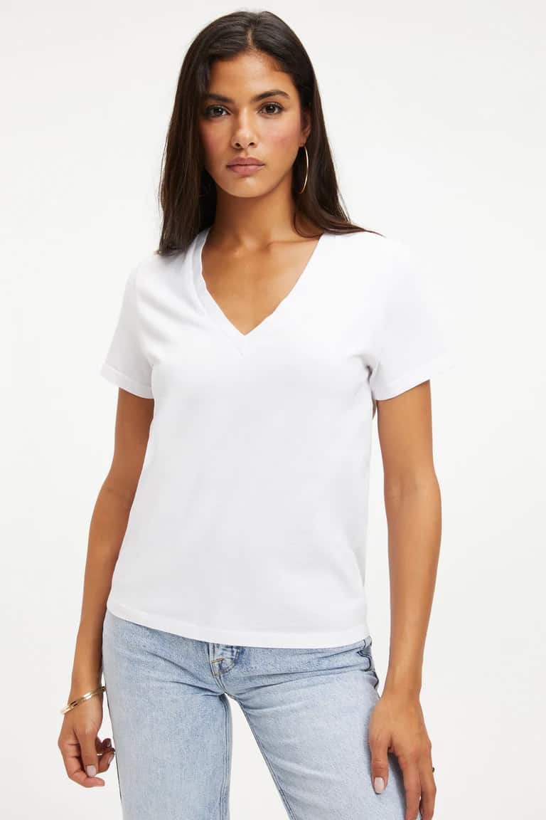 Good American Classic Jersey V Neck Tee White - Cocaranti