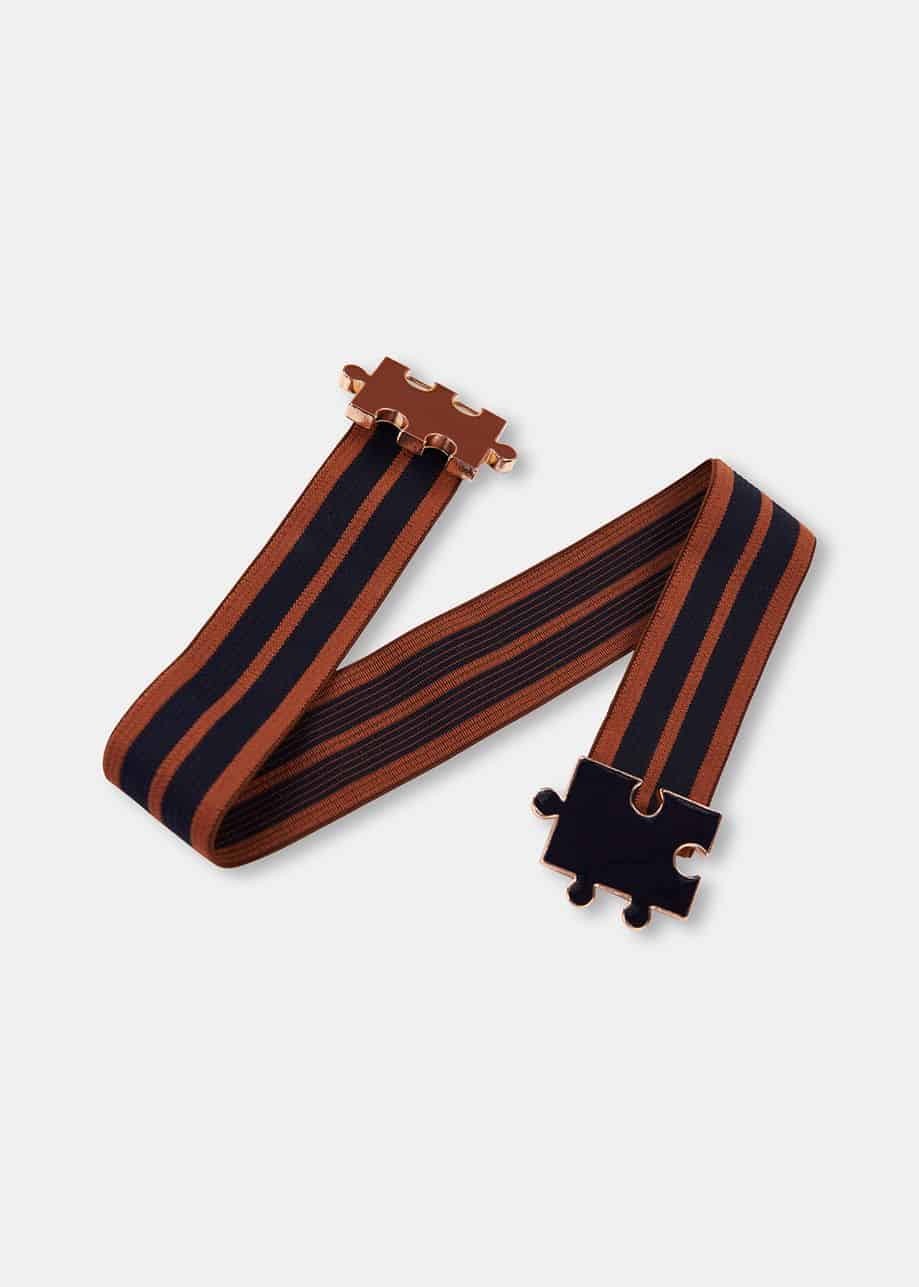 Essentiel Antwerp Synthetic Striped Belt With Puzzle Shaped Clasps Brown/black Womens Accessories Belts 